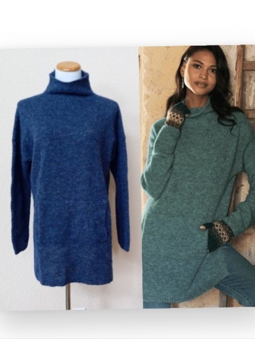 Peruvian Connection blue alpaca turtleneck tunic sweater